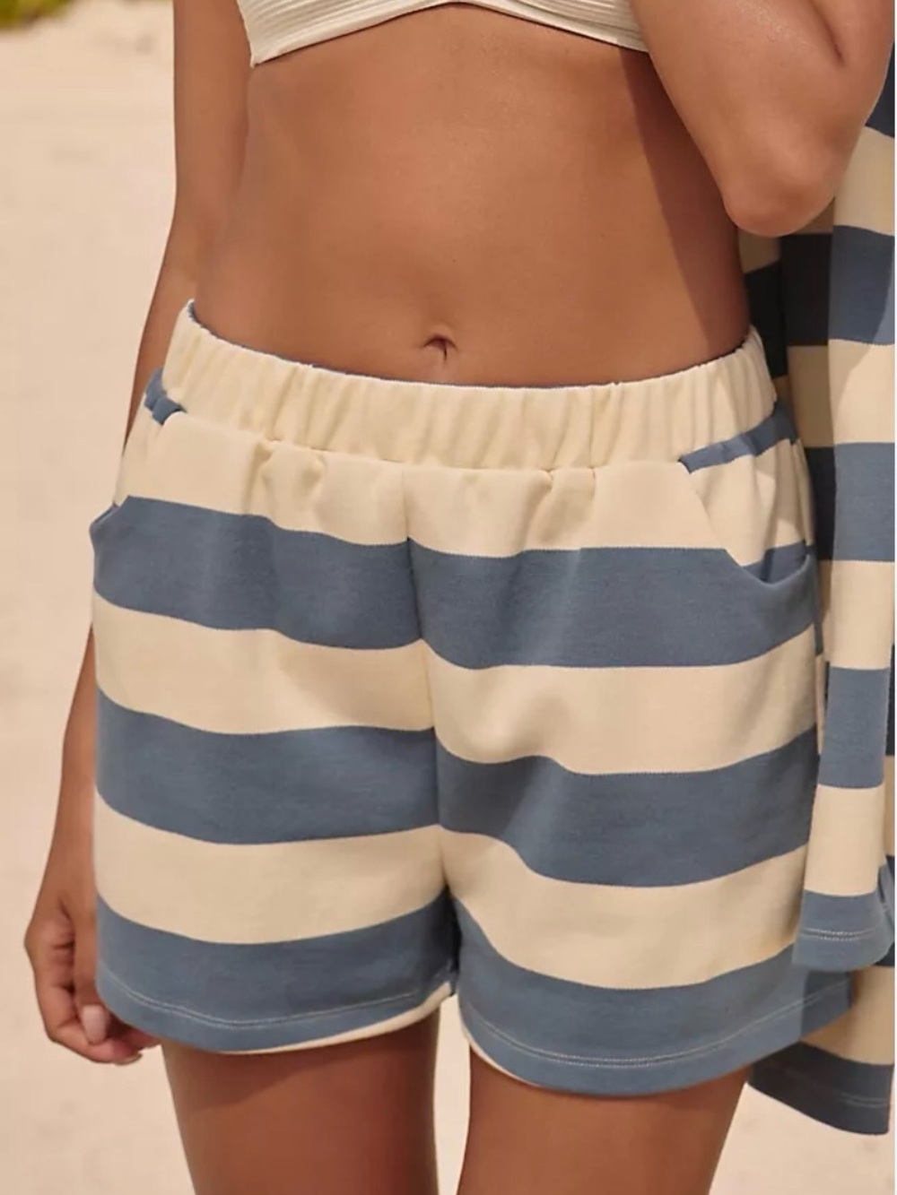 Flat White Striped Blue and Cream Lounge Shorts